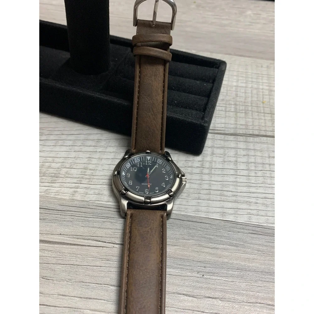 Mens Quartz Watch Black Dial Brown Strap Japan Movt 30M Water Resistant 4126-05